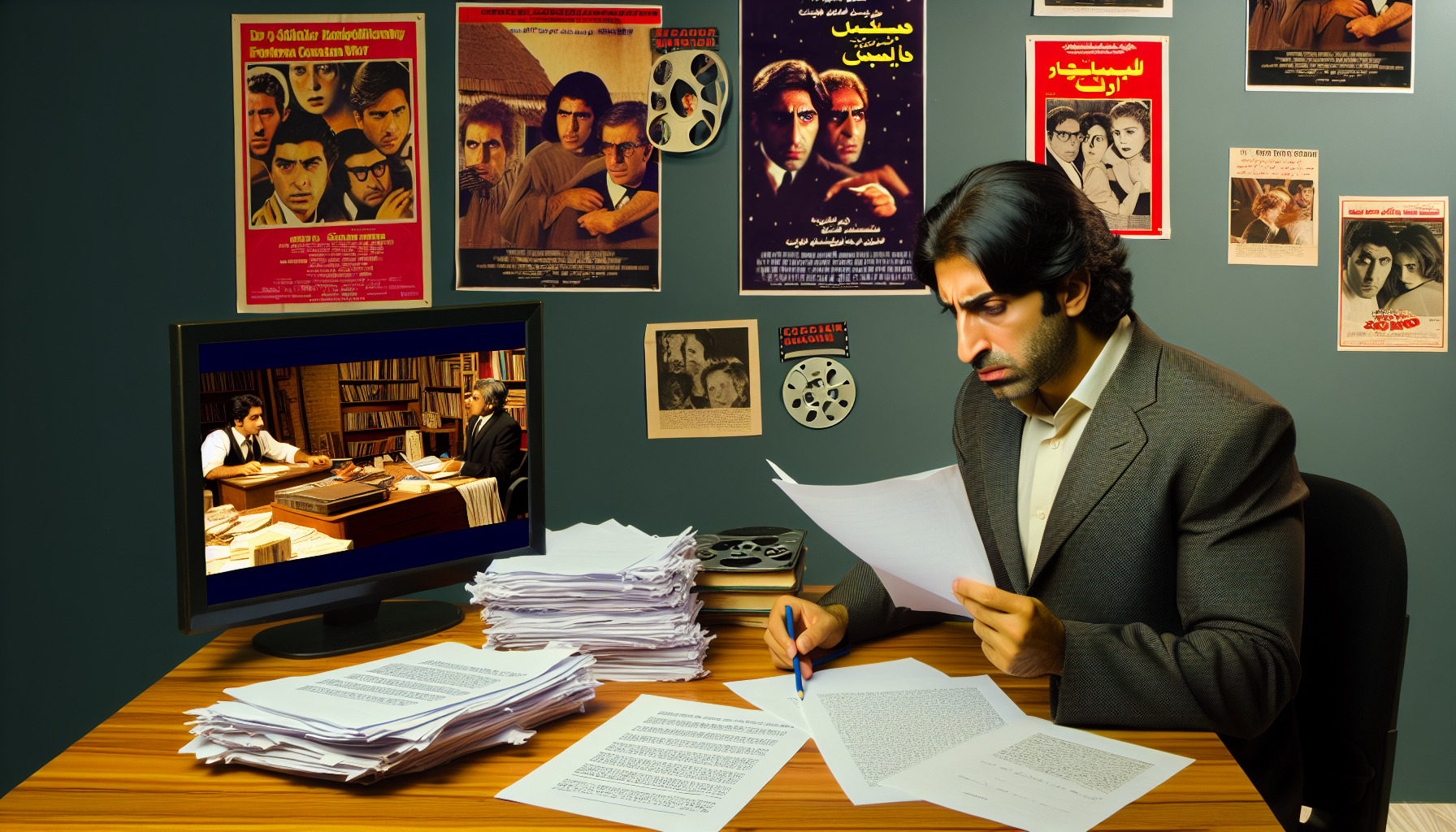 Erstellen Sie ein Bild eines Filmkritikers bei der Arbeit, umgeben von Filmplakaten und DVDs aus der Zeit von 1970 bis 1989. Der Kritiker, ein Mann aus dem Nahen Osten, sollte intensiv ein Filmskript lesen und Notizen machen. Im Hintergrund sollte der Fernseher Szenen aus einem hypothetischen Drama-Film aus derselben Ära zeigen. Ausschnitte von Filmkritiken sind auf dem Schreibtisch verteilt zu sehen. Die Umgebung sollte eine Atmosphäre des späten 20. Jahrhunderts widerspiegeln.