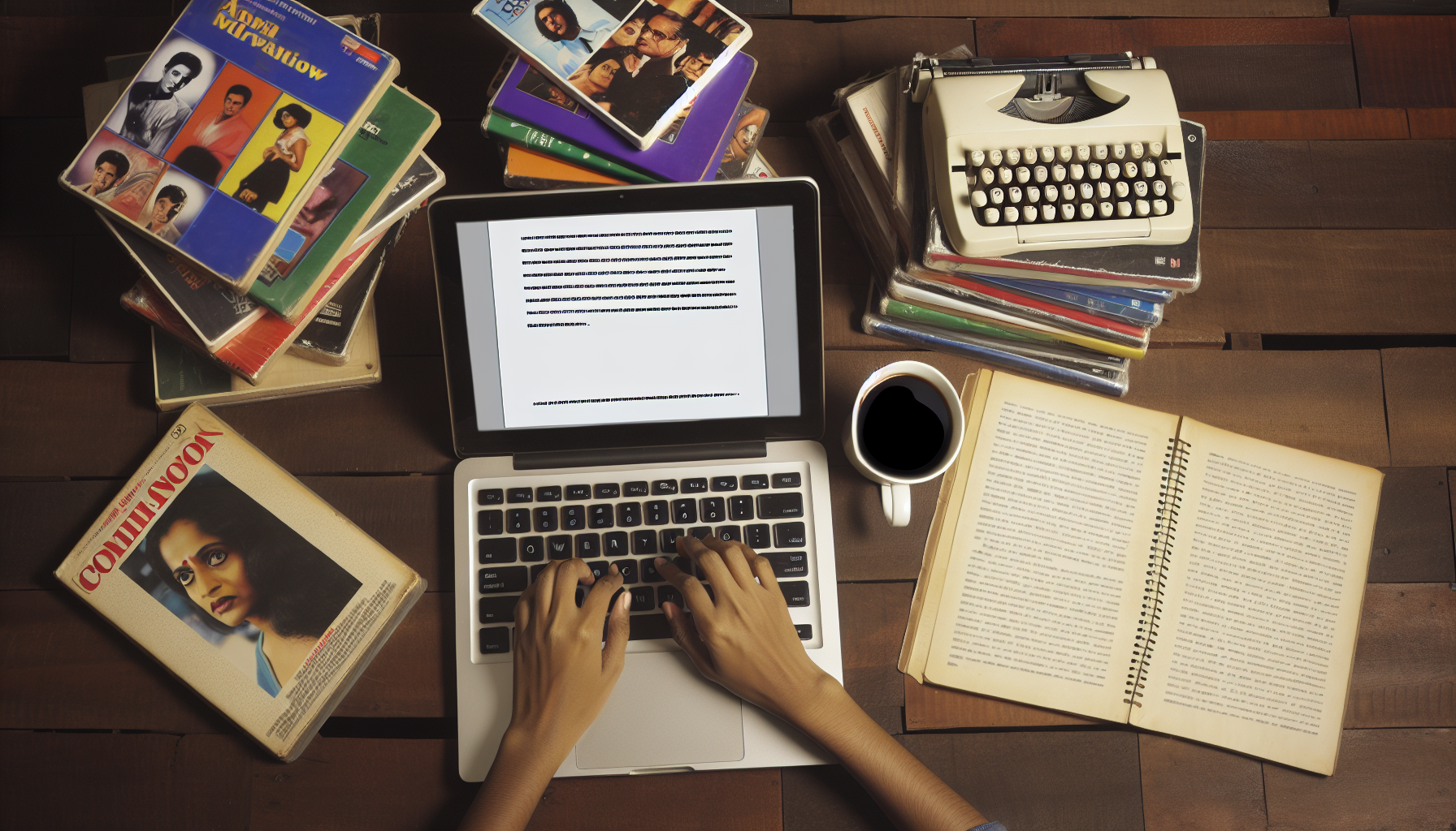 Bitte erstelle ein Bild einer Filmkritikerin, die eine ausf&Atilde;&frac14;hrliche Filmrezension und Handlungsbeschreibung zu einem zuf&Atilde;&curren;llig ausgew&Atilde;&curren;hlten Drama aus der Zeit 1970&acirc;€“1989 schreibt. Das Bild soll ein ge&Atilde;&para;ffnetes Laptop zeigen, auf dessen Bildschirm der Beginn der Rezension zu sehen ist; einen Schreibtisch, &Atilde;&frac14;bers&Atilde;&curren;t mit einer Auswahl an Film&acirc;€‘DVDs aus diesem Zeitraum; eine Tasse schwarzen Kaffees; und H&Atilde;&curren;nde, die auf der Tastatur tippen. Die Stimmung des Bildes sollte tiefes Engagement in Analyse und Kreativit&Atilde;&curren;t widerspiegeln. Die Filmkritikerin soll eine s&Atilde;&frac14;dasiatische Frau sein; sichtbar sind dabei nur ihre H&Atilde;&curren;nde.